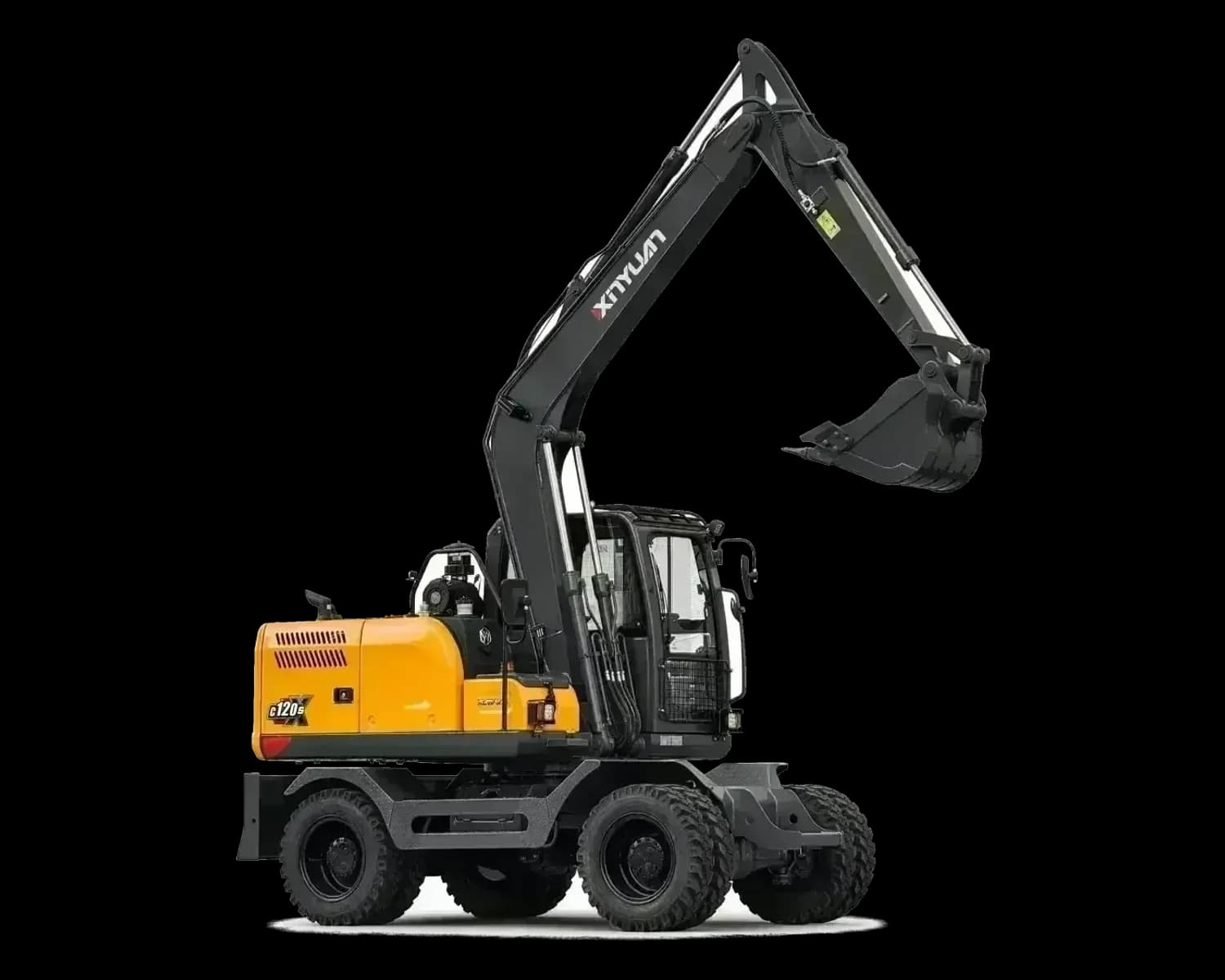 Xinyuan C120 wheeled excavator, isolated on white